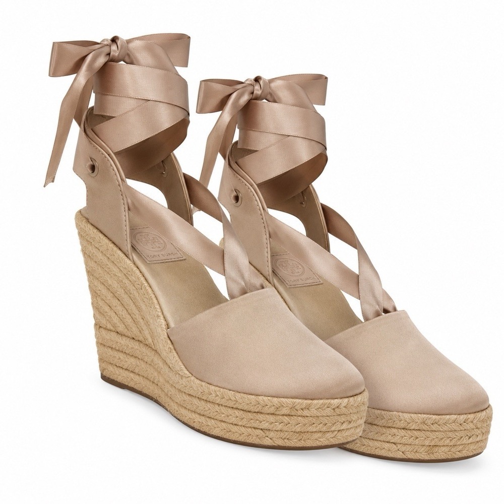 Tory Burch Elisa Wedge Satin Espadrille Soy Latte Sizeโ 8.5 Sandals Ankle Ribbon
